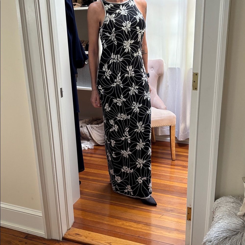 Papell Boutique Black and White Floral Maxi Dress
